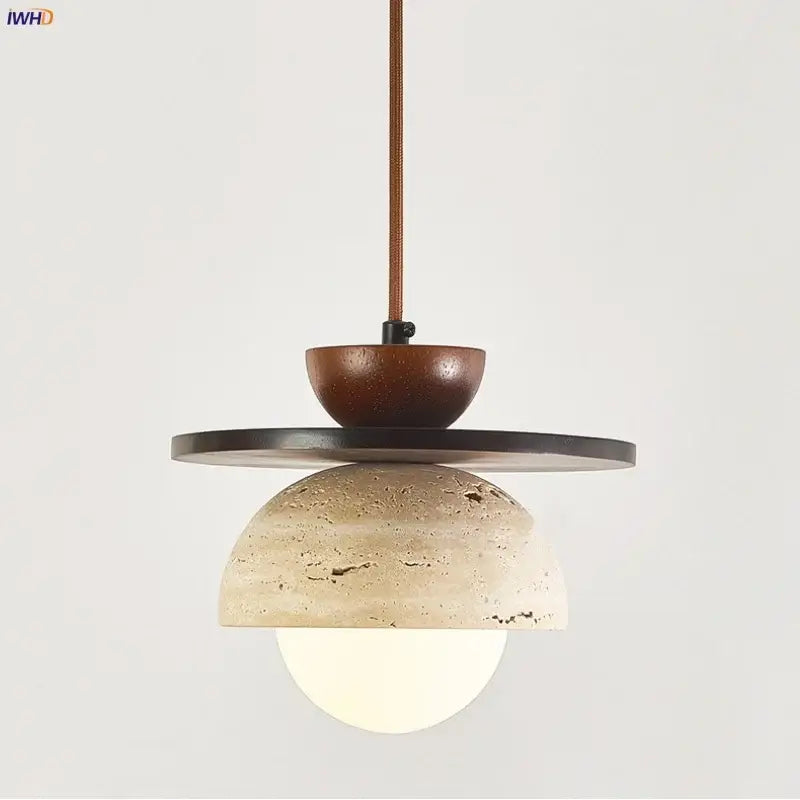 Modern pendant lamp with a beige stone dome and dark wood bowl suspended by brown fabric cord for dining room decorbites glass ball led