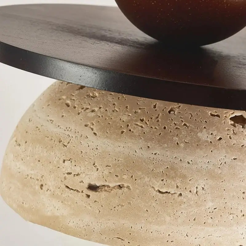 A modern pendant lamp with a sleek dark wood circular top and beige stone base for decorbites glass ball led lighting