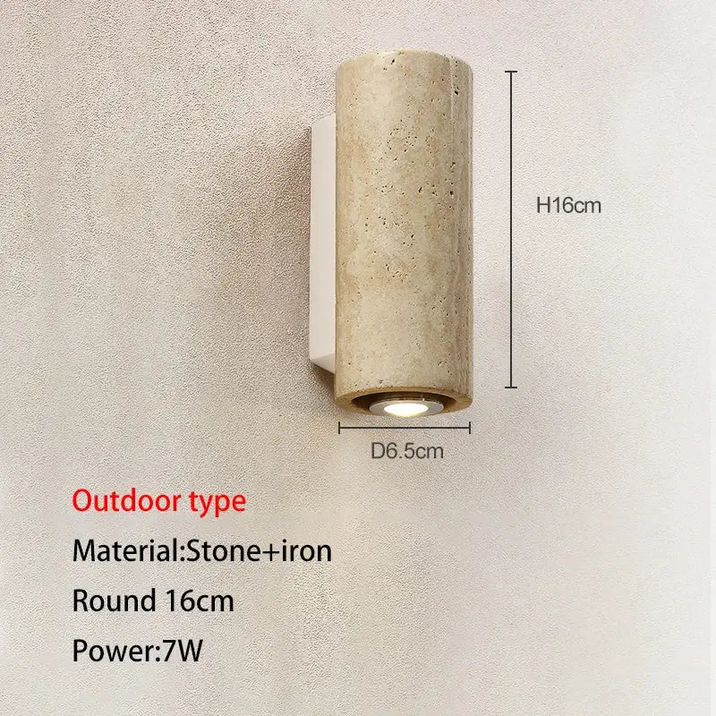 Modern stone and wood wall lamp in beige cave stone outdoor finish with iron and circular light base by decorbites cave stone