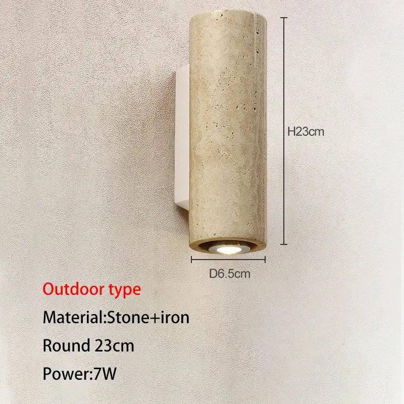 Modern stone and wood wall lamp with textured cave stone and iron emits warm light for cave stone outdoor decorbites usage