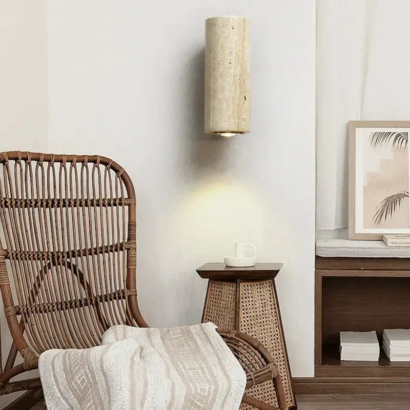 Beige stone cylindrical wall lamp with warm diffused light for modern decorbites cave stone outdoor and bedroom use