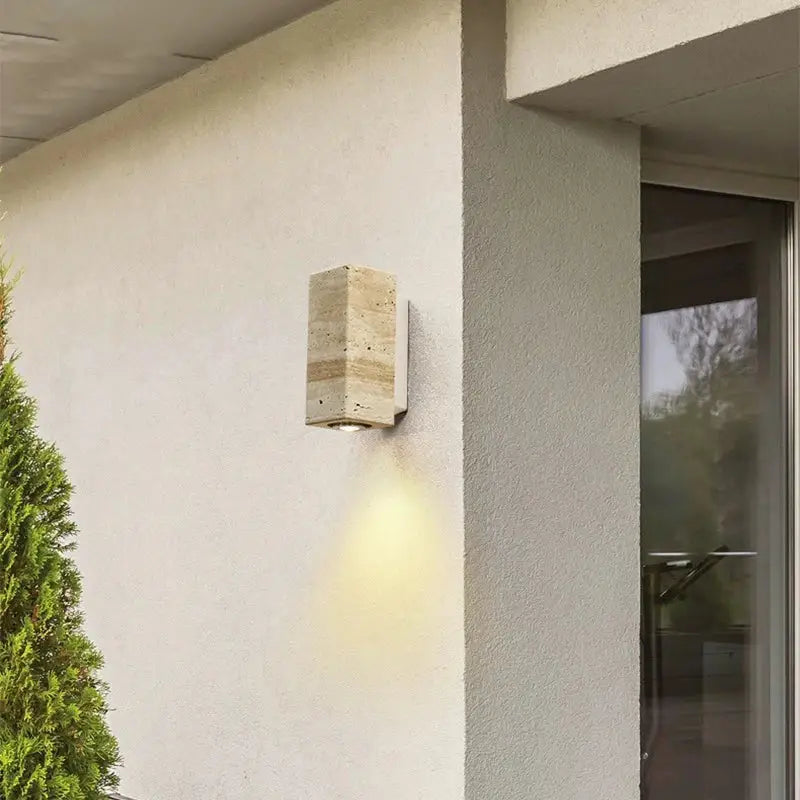 Beige stone rectangular wall lamp with modern minimalist design decorbites cave stone outdoor bedroom decor