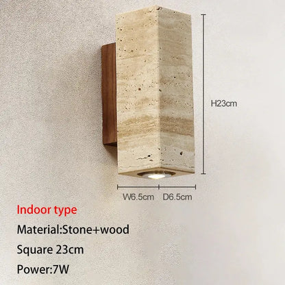 Beige stone and wood wall lamp with a square textured body for decorbites cave stone outdoor and bedroom use