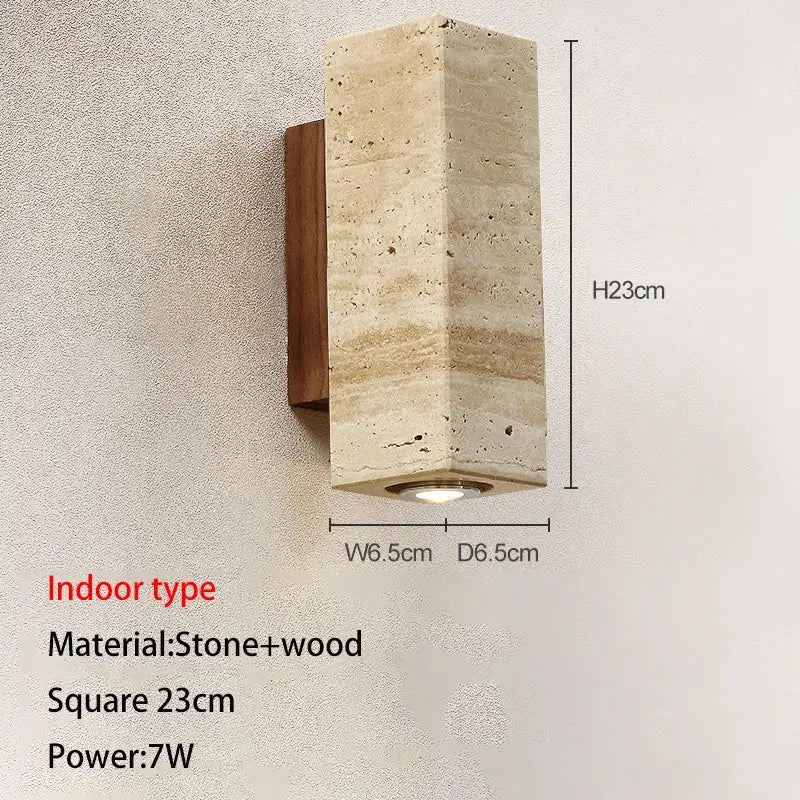 Beige stone and wood wall lamp with a square textured body for decorbites cave stone outdoor and bedroom use