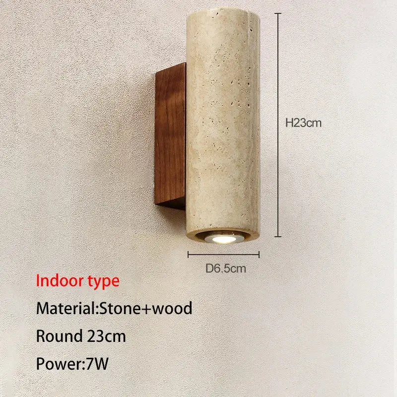 Modern cylindrical stone and wood wall lamp with warm beige decorbites cave stone finish for cave stone outdoor use