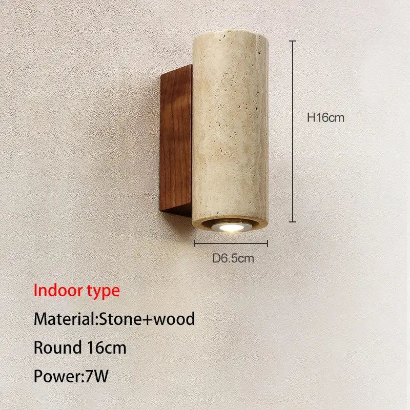 Minimalist modern wall lamp with cylindrical stone body and warm wood base for decorbites cave stone outdoor use