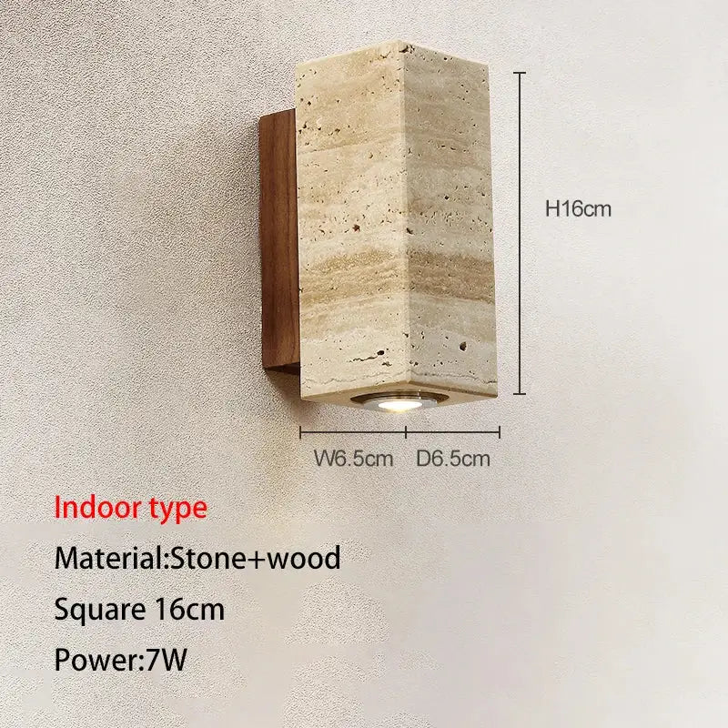 A modern wall lamp with a recessed led light crafted from beige stone and dark wood for decorbites cave stone outdoor use