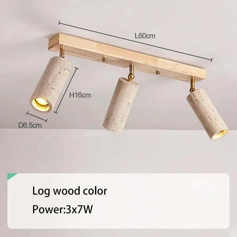 Modern stone and wood 3-head led ceiling spotlight with log wood frame and off-white shades for living room ceiling spotlight
