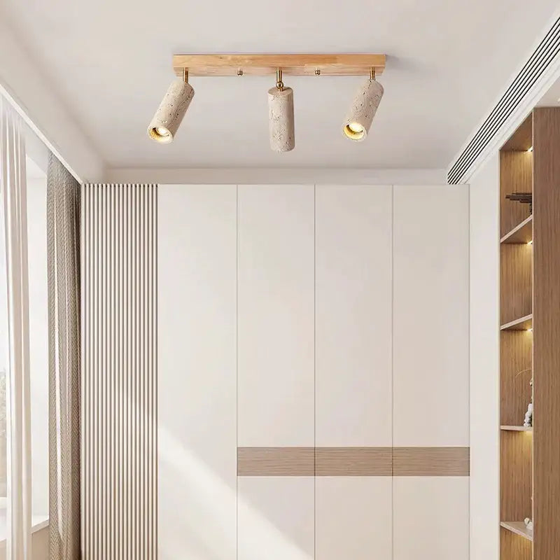Modern stone and wood 3-head led ceiling spotlight with light wood frame and off-white shades for living room lighting