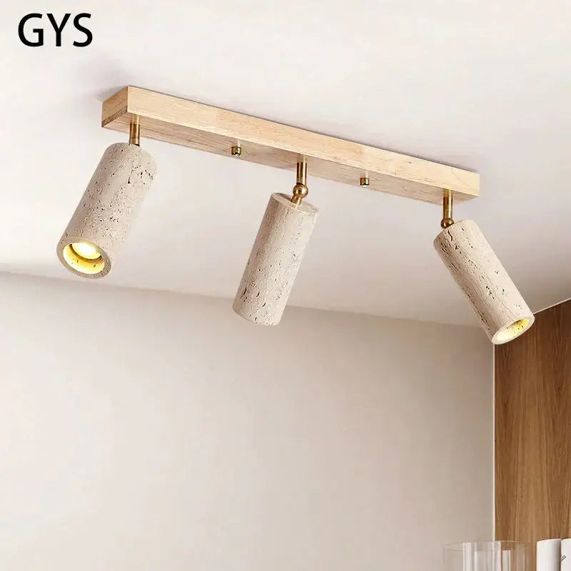 Modern stone and wood 3-head led ceiling spotlight with concrete shades and brass accents for living room lighting
