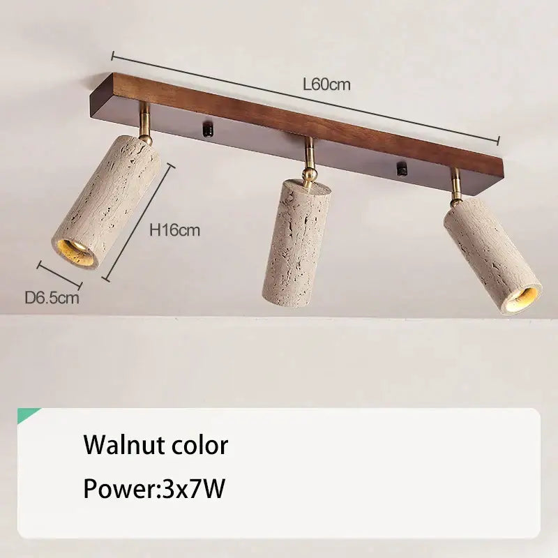 Modern stone and wood walnut led ceiling spotlight with three textured stone shades and brass accents for living room