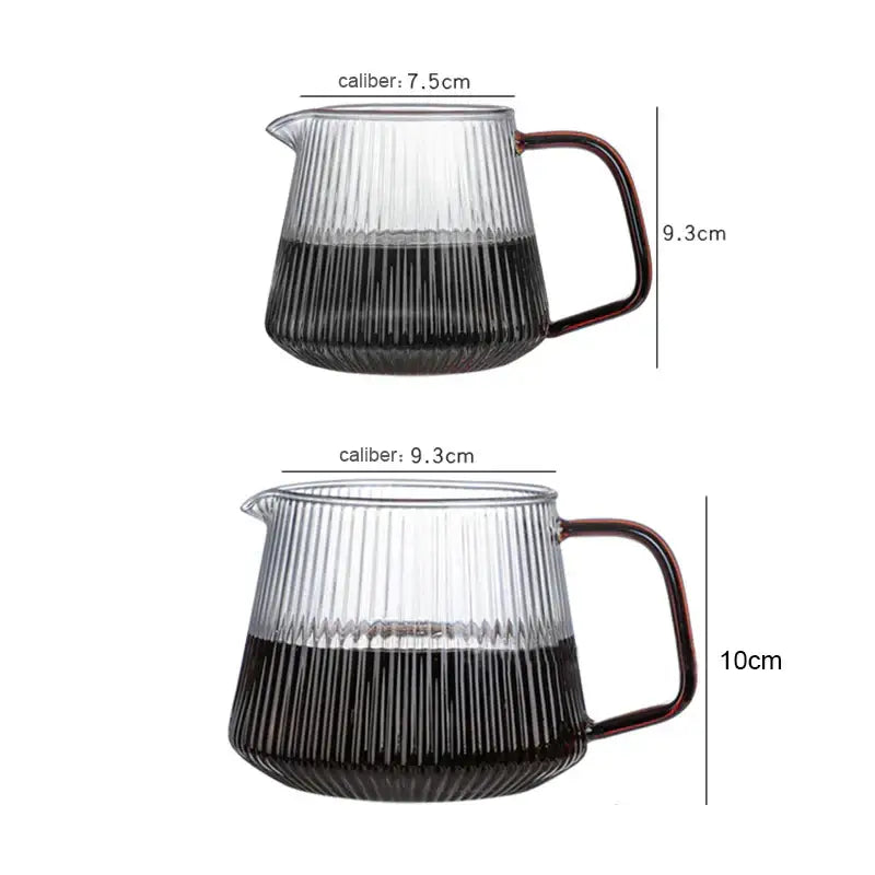 Modern striped glass coffee pot with vertical ribbed texture and amber handle shown in two sizes for kitchen use