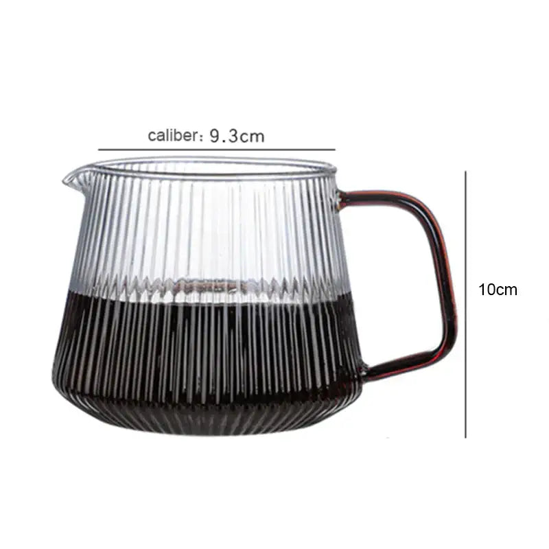 Modern striped glass coffee pot with vertical ribbed texture and dark red handle measuring 10cm in height