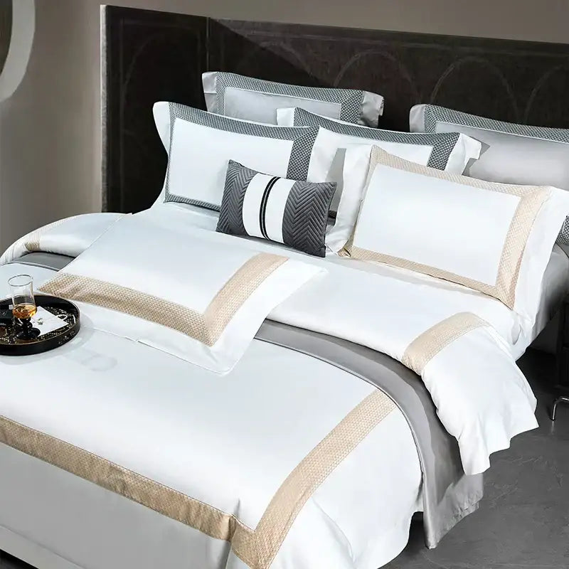 Elegant white linen bedding set with gold and gray accent trim for decorbites king size luxury bedroom decor