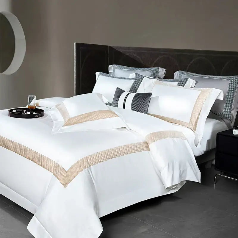 Luxurious king size bedding set in white cotton with beige and gray striped accent trim for decorbites king size luxury