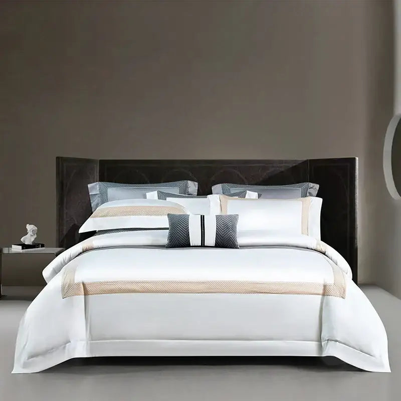 Modern striped white and beige luxury cotton bedding set with satin duvet cover and matching pillows for king size luxury decorbites king size bedroom