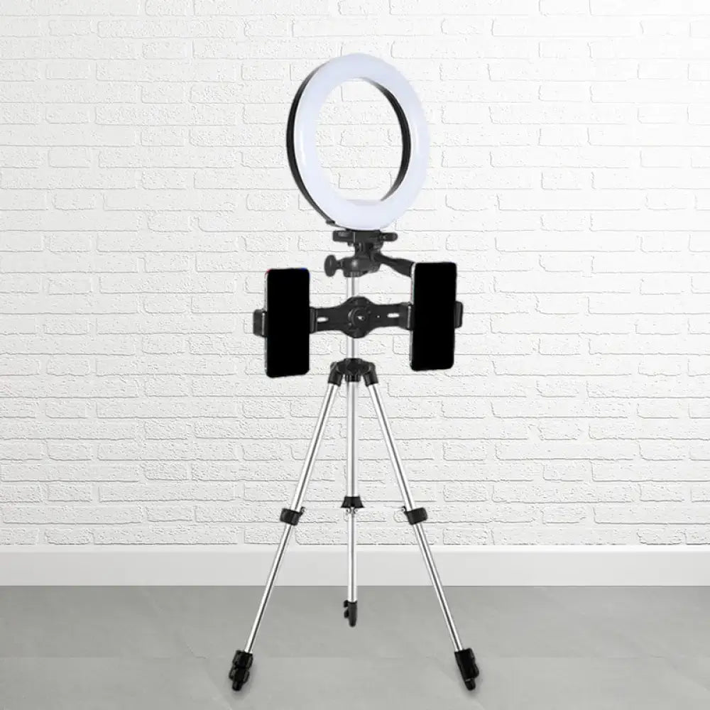 Modern style black and silver led ring flash light with tripod and dual phone holders for streaming and photography use