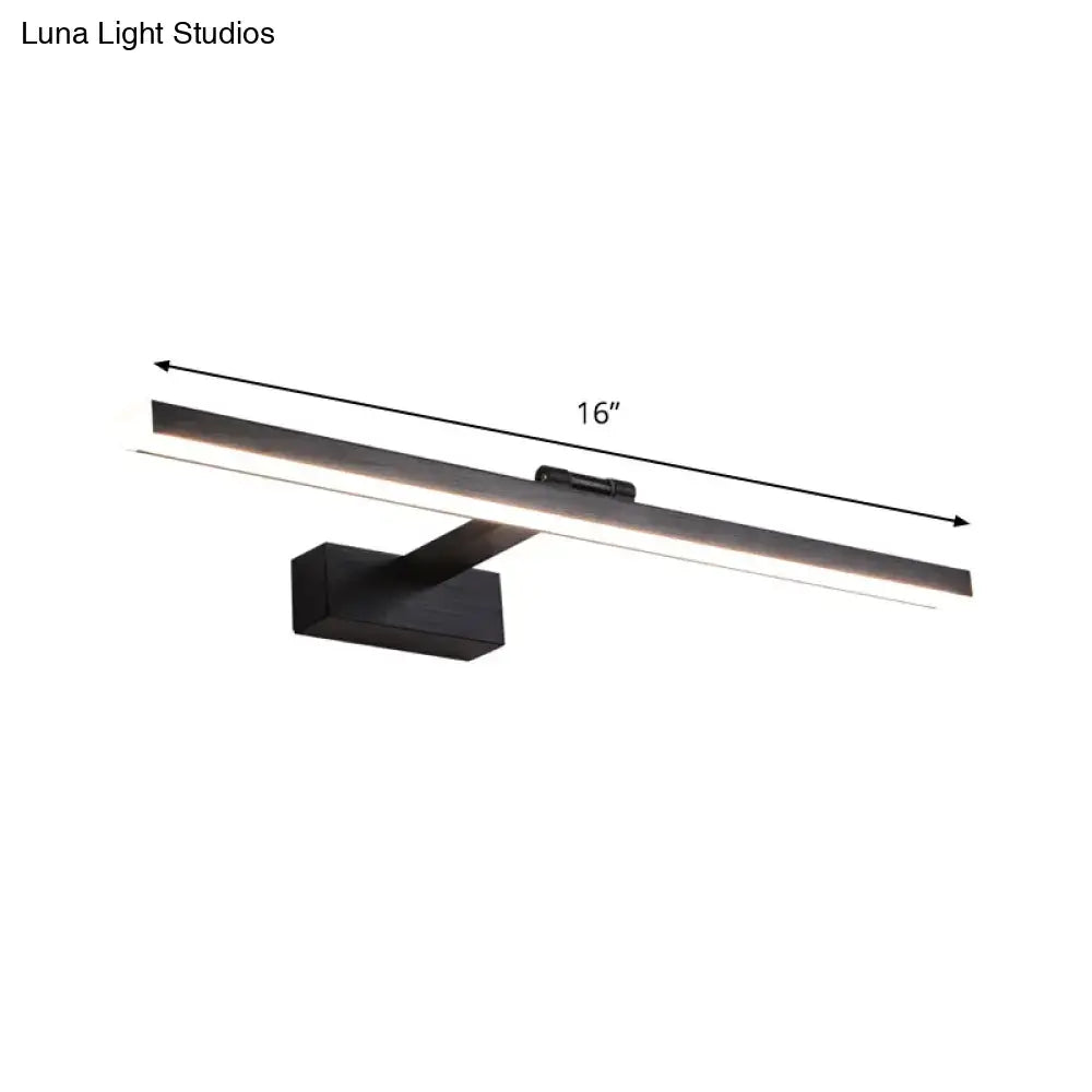 Modern style slender black led vanity light with warm white glow and 16-inch shade height for bathroom use