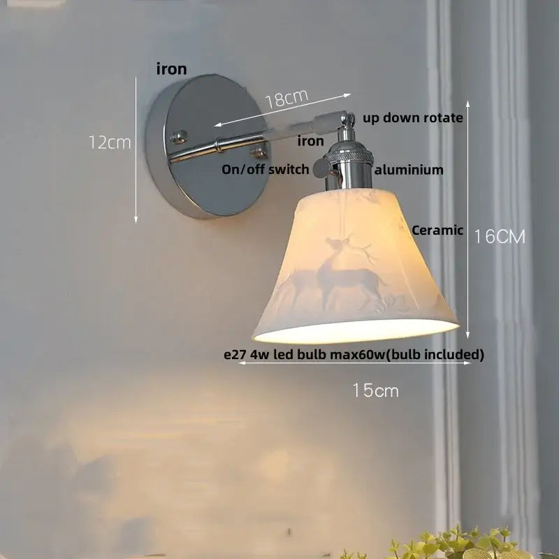 Modern sunrise iron ceramic led wall light with polished iron frame and ceramic lampshade featuring deer silhouette