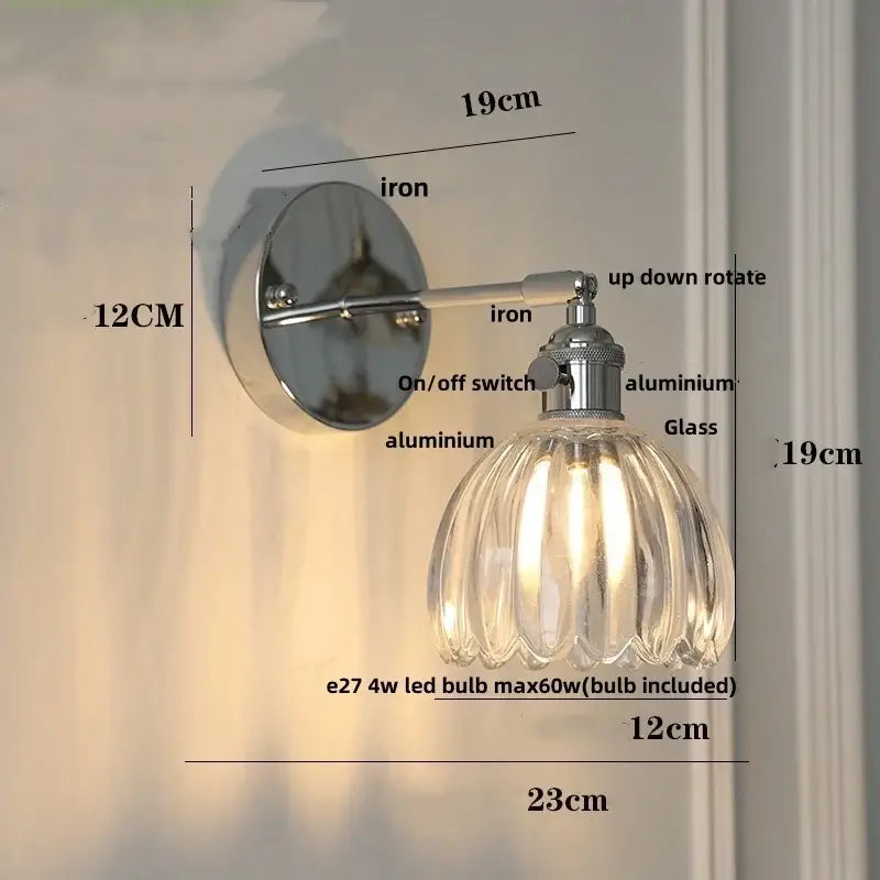 Modern sunrise iron ceramic led wall light with vintage-style ribbed glass shade and polished chrome iron ceramic led bracket