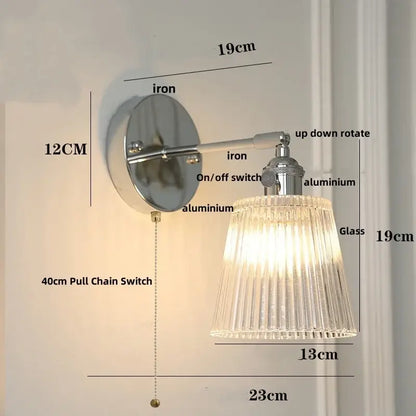 Modern sunrise iron ceramic led wall light with vintage-style clear ribbed glass shade and polished chrome hardware