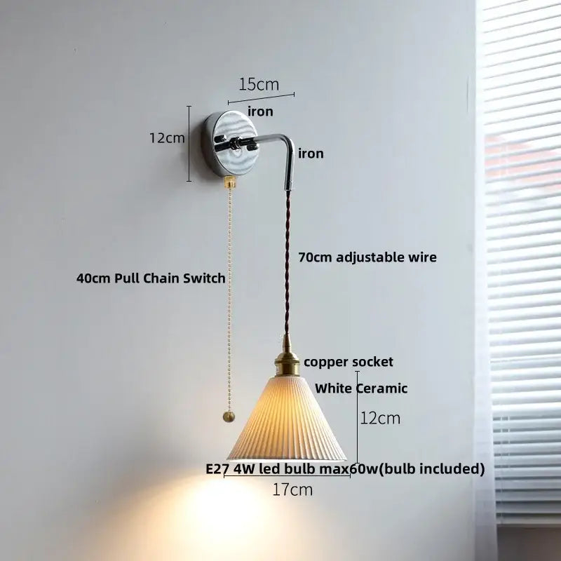 Modern sunset glass led wall sconce with white ceramic led lampshade featuring vertical ridges and iron arm pull chain switch