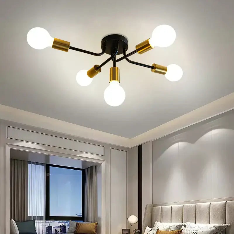 Modern symmetrical brass ceiling light in black and gold with six exposed bulb sockets for living room decorbites brass ceiling light