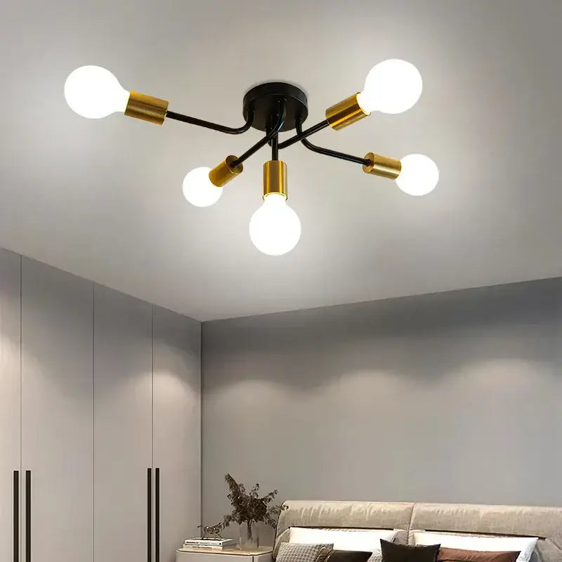 Modern symmetrical brass ceiling light in black and gold with five exposed bulbs for living room decorbites brass ceiling light