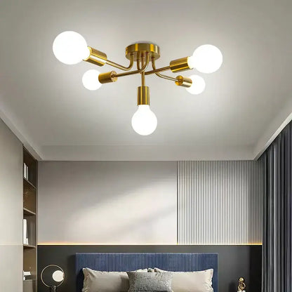 Modern symmetrical brass ceiling light with five spherical bulbs in gold tone for living room decorbites brass ceiling light
