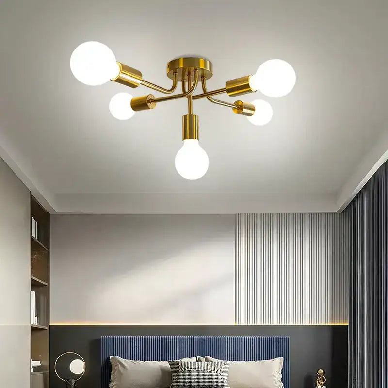 Modern symmetrical brass ceiling light with five spherical bulbs in gold tone for living room decorbites brass ceiling light