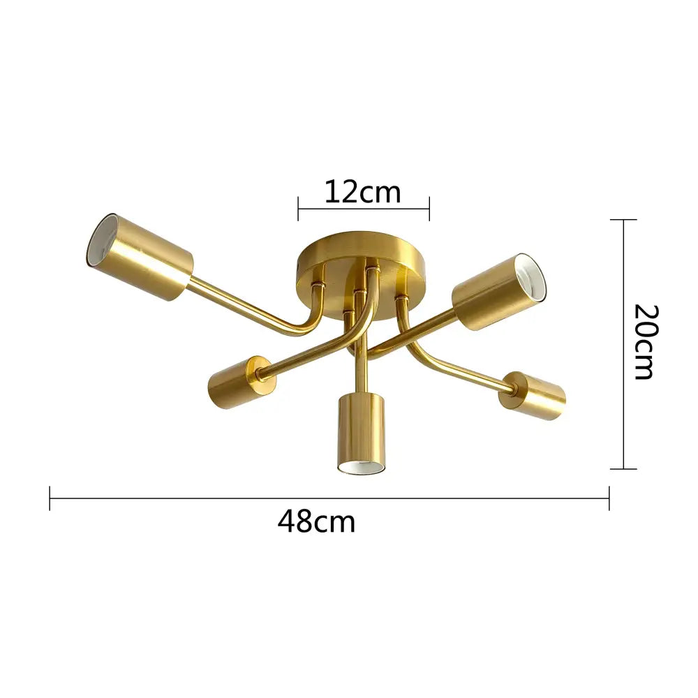 Modern symmetrical brass ceiling light with five gold-finished cylindrical arms for living room decorbites brass ceiling light