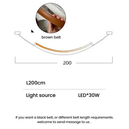 Brown leather belt with smooth glossy finish and classic buckle in modern tan leather and brass led tube suspension chandelier setting