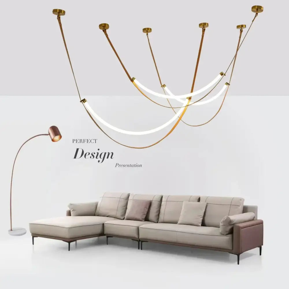 Modern tan leather and brass led tube suspension chandelier with curved gold-toned illuminated strips for living room