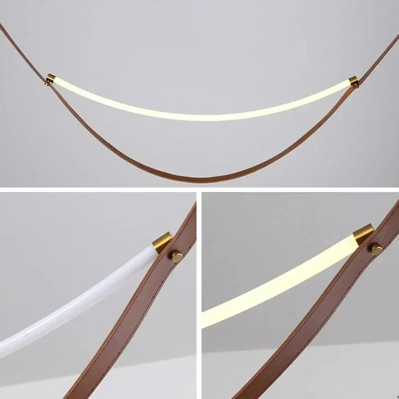 Modern tan leather and brass led tube suspension chandelier with curved warm white led tube for living room lighting