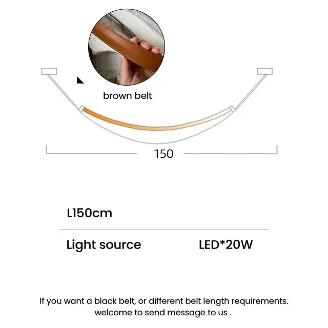 Brown leather belt with led lighting 150cm length complementing modern tan leather and brass led tube suspension chandelier