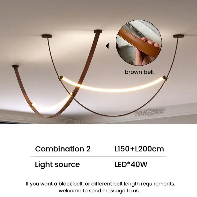 Modern tan leather and brass led tube suspension chandelier with brown leather belt-style integrated led lighting