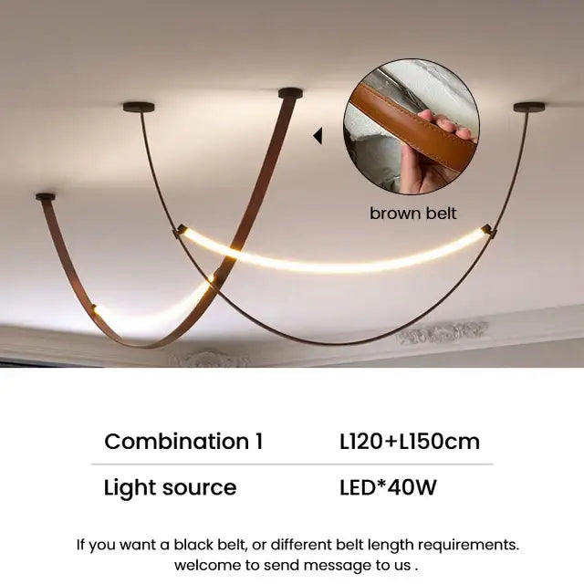 Modern tan leather and brass led tube suspension chandelier featuring a brown leather belt-shaped led tube with warm glow