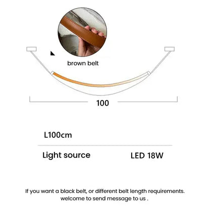 Modern tan leather and brass led tube suspension chandelier with brown leather belt featuring visible stitching