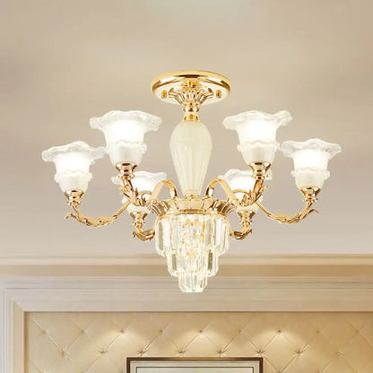 DecorBites™ DecorBites™ Modern Tapered Crystal Prism Chandelier with Ruffled Bell Frosted Glass Shade in Gold - Available in 3/6 Light Options for the Bedroom