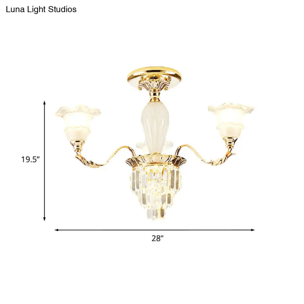 DecorBites™ DecorBites™ Modern Tapered Crystal Prism Chandelier with Ruffled Bell Frosted Glass Shade in Gold - Available in 3/6 Light Options for the Bedroom