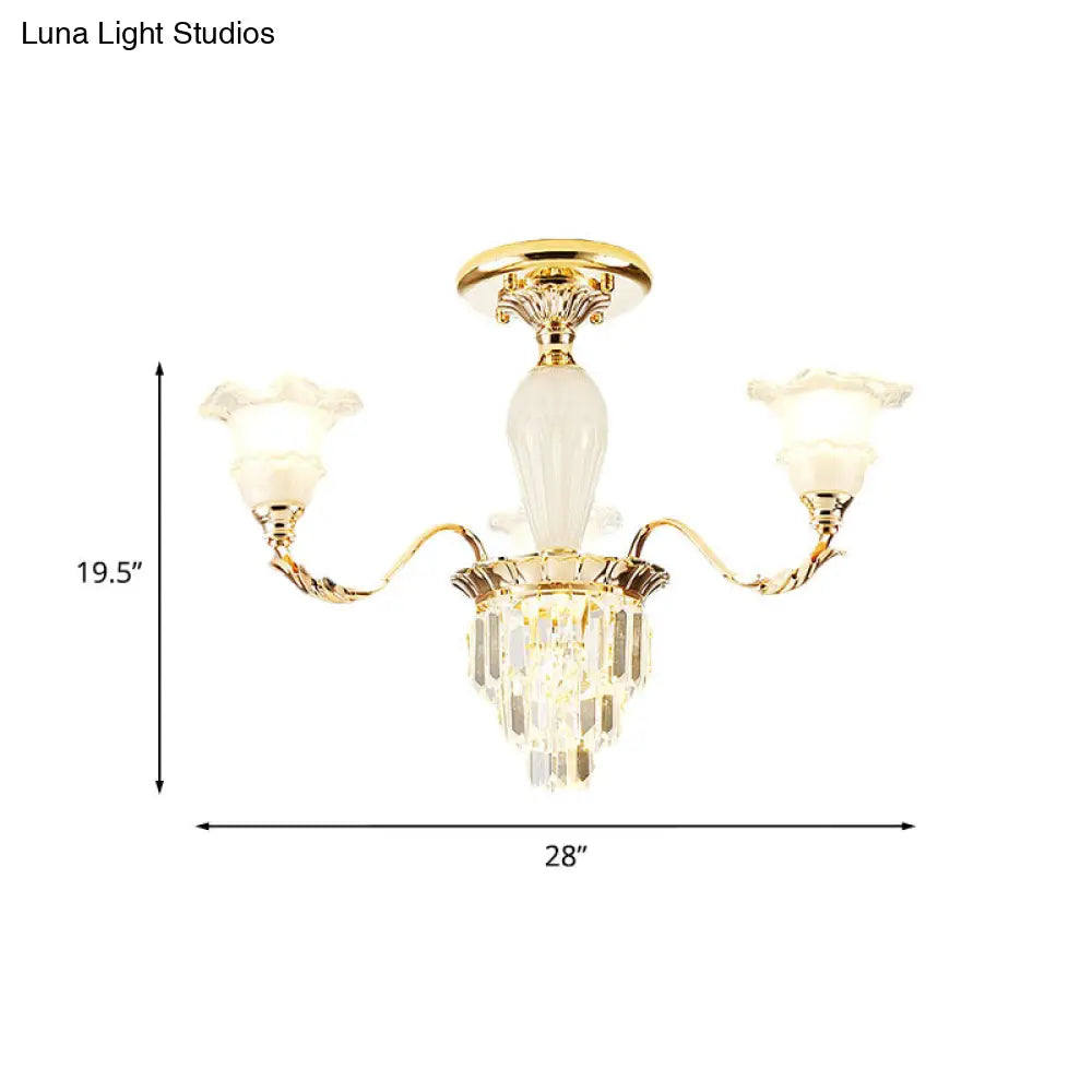 DecorBites™ DecorBites™ Modern Tapered Crystal Prism Chandelier with Ruffled Bell Frosted Glass Shade in Gold - Available in 3/6 Light Options for the Bedroom