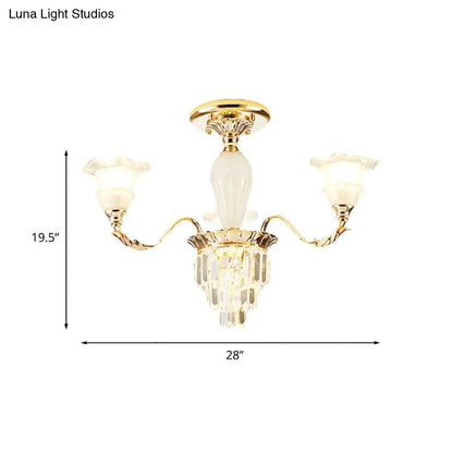 DecorBites™ DecorBites™ Modern Tapered Crystal Prism Chandelier with Ruffled Bell Frosted Glass Shade in Gold - Available in 3/6 Light Options for the Bedroom