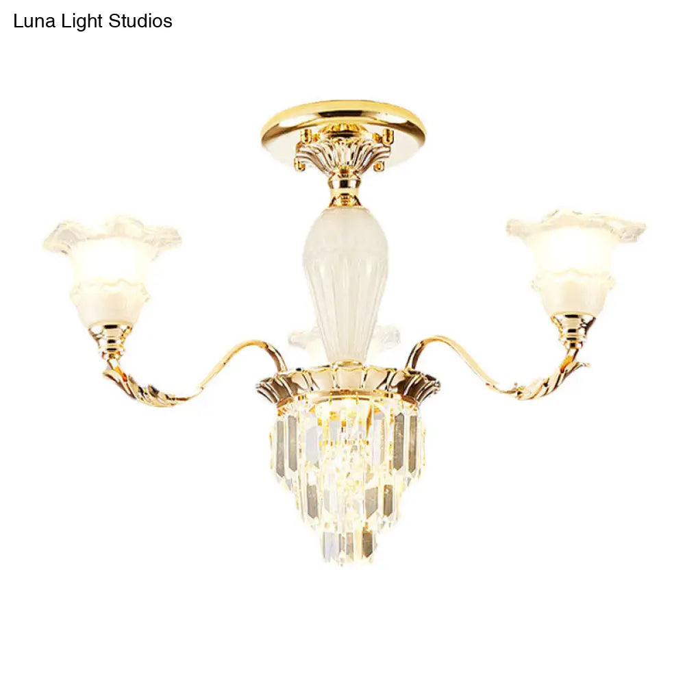 DecorBites™ DecorBites™ Modern Tapered Crystal Prism Chandelier with Ruffled Bell Frosted Glass Shade in Gold - Available in 3/6 Light Options for the Bedroom