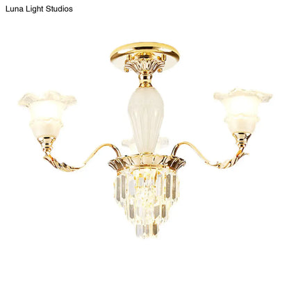 DecorBites™ DecorBites™ Modern Tapered Crystal Prism Chandelier with Ruffled Bell Frosted Glass Shade in Gold - Available in 3/6 Light Options for the Bedroom