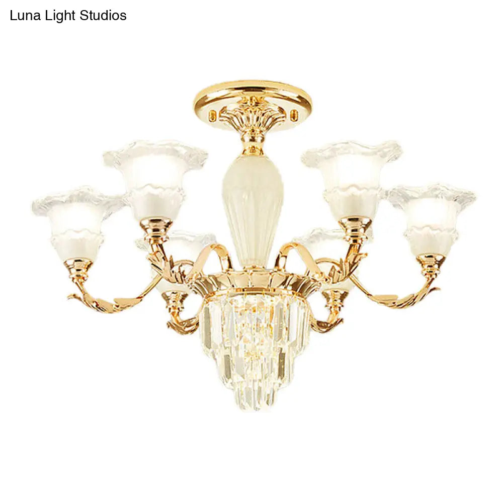 DecorBites™ DecorBites™ Modern Tapered Crystal Prism Chandelier with Ruffled Bell Frosted Glass Shade in Gold - Available in 3/6 Light Options for the Bedroom