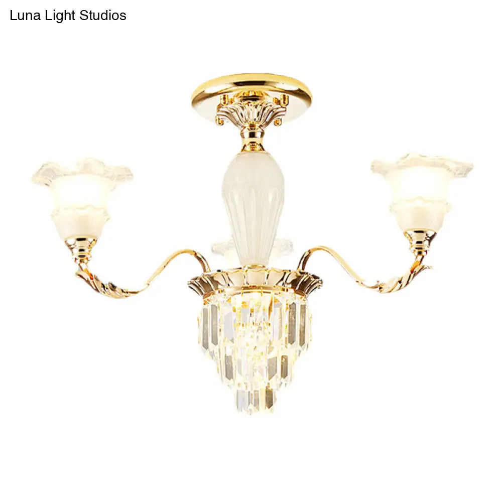 DecorBites™ DecorBites™ Modern Tapered Crystal Prism Chandelier with Ruffled Bell Frosted Glass Shade in Gold - Available in 3/6 Light Options for the Bedroom