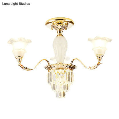 DecorBites™ DecorBites™ Modern Tapered Crystal Prism Chandelier with Ruffled Bell Frosted Glass Shade in Gold - Available in 3/6 Light Options for the Bedroom