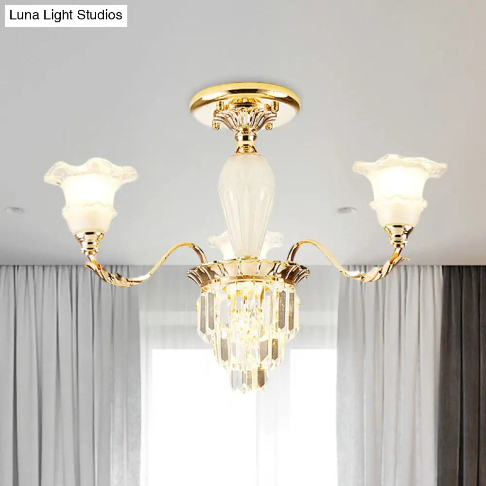 DecorBites™ DecorBites™ Modern Tapered Crystal Prism Chandelier with Ruffled Bell Frosted Glass Shade in Gold - Available in 3/6 Light Options for the Bedroom