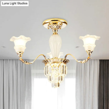 DecorBites™ DecorBites™ Modern Tapered Crystal Prism Chandelier with Ruffled Bell Frosted Glass Shade in Gold - Available in 3/6 Light Options for the Bedroom
