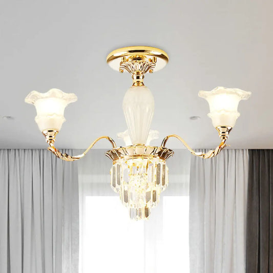 DecorBites™ DecorBites™ Modern Tapered Crystal Prism Chandelier with Ruffled Bell Frosted Glass Shade in Gold - Available in 3/6 Light Options for the Bedroom